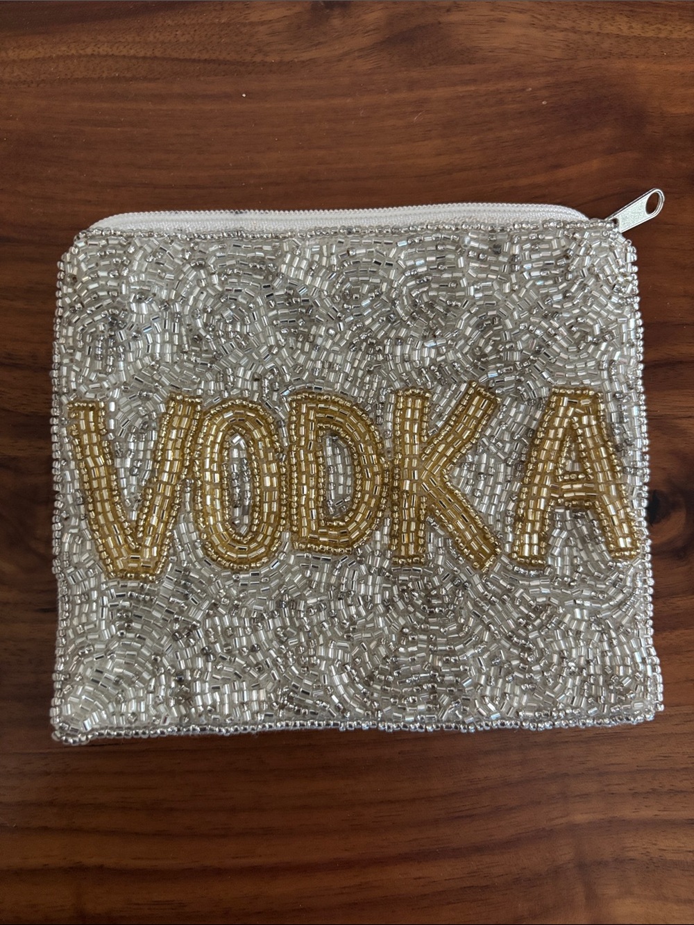 VODKA Beaded Zip Pouch - Gold on Silver